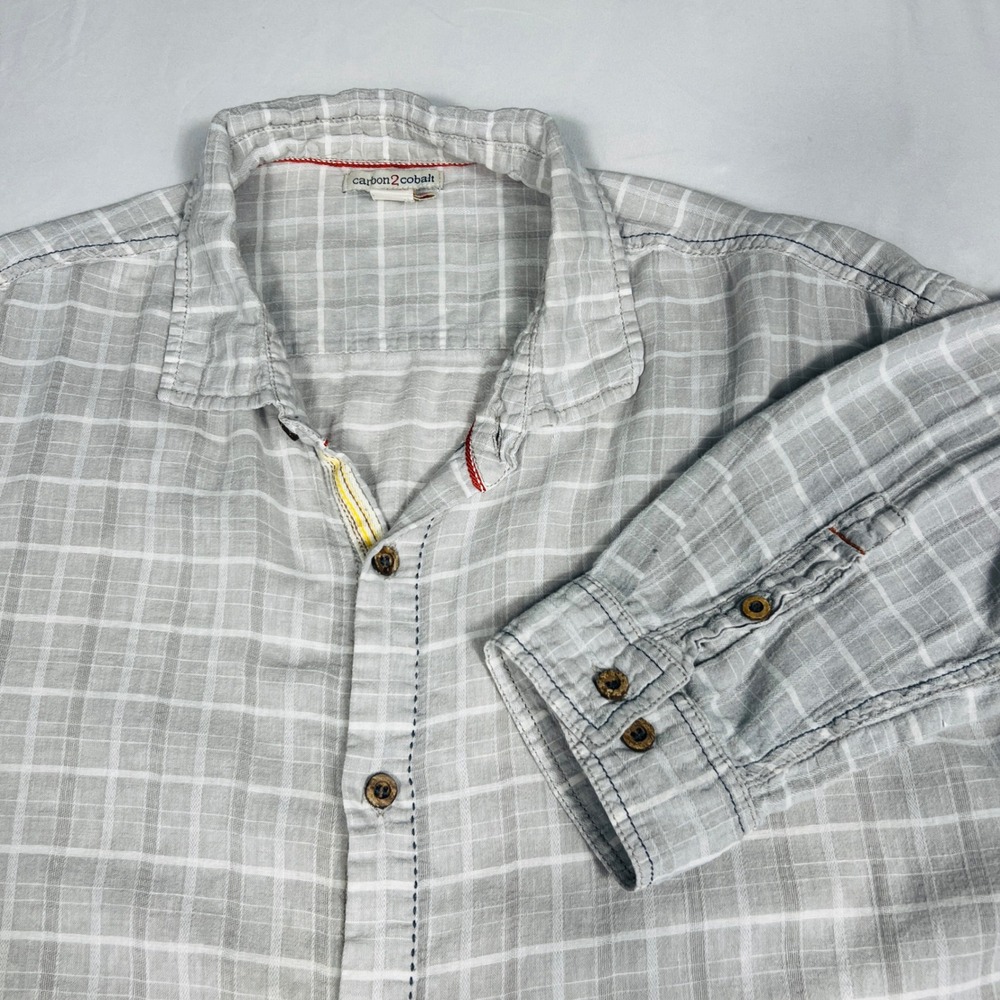 Carbon 2 Cobalt Mens XL Grey White Plaid Linen Cotton Blend Button Down Shirt